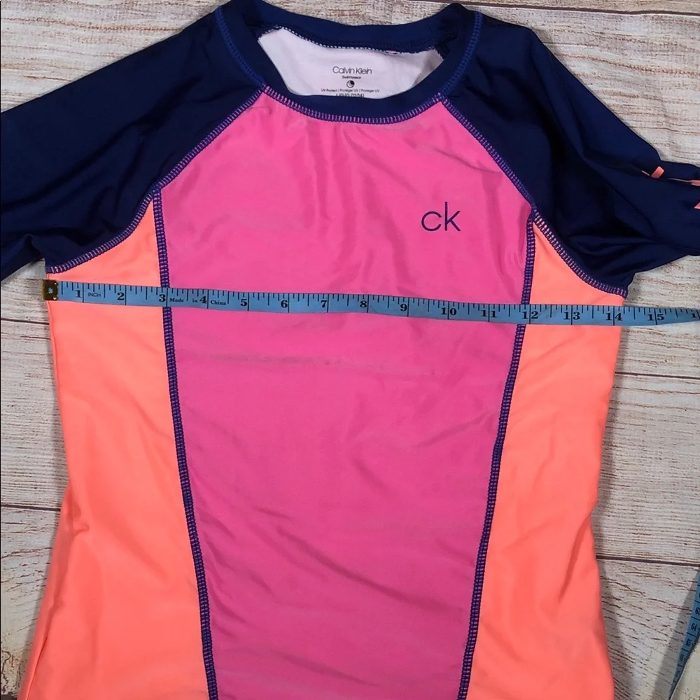 Calvin Klein Pink, Coral & Navy Colorblock Long Sleeve Rash Guard UPF Protection